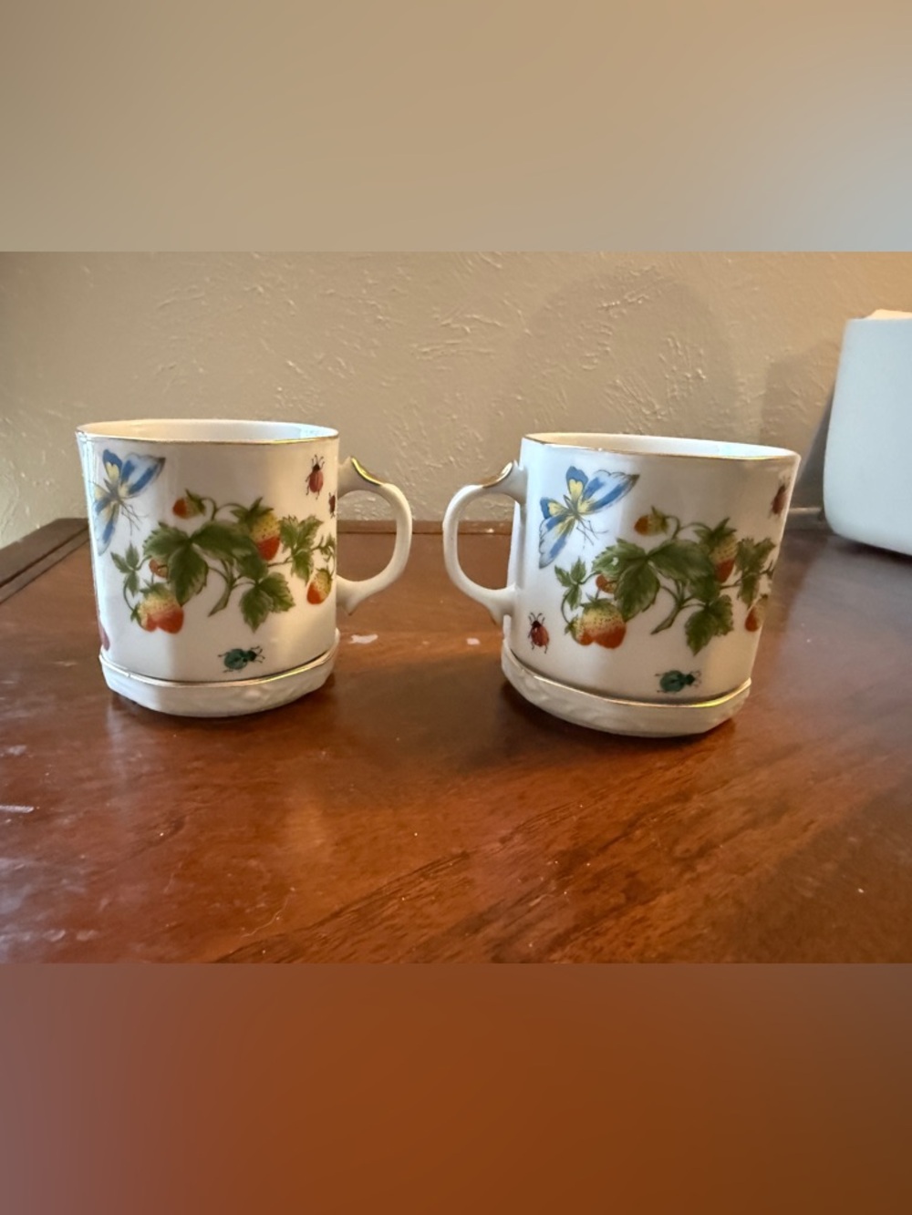 Vintage Porcelain Strawberry & Butterfly Accent Mugs - White with Green and Blue